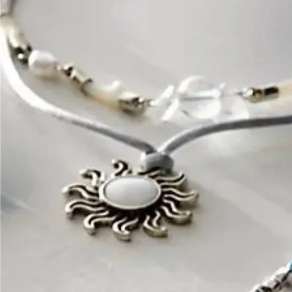 Free People One With The Sun Blue Layered Necklace Sunburst Pendant Beaded Chain - Picture 8 of 13